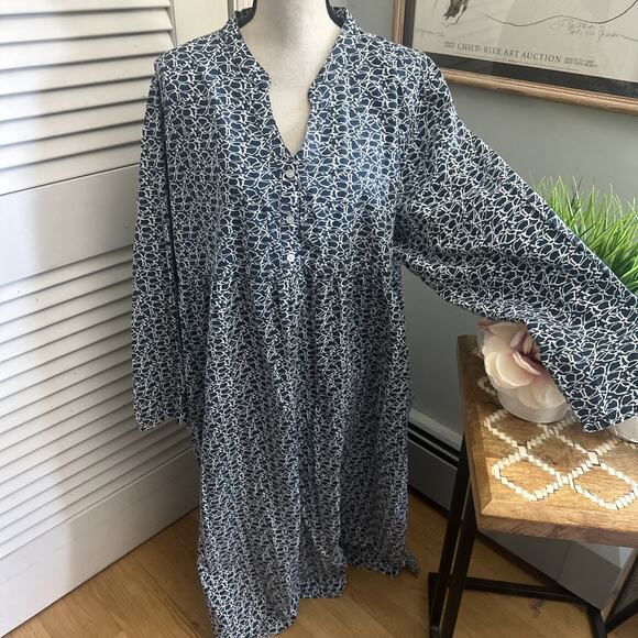 VERMONT COUNTRY STORE Dress Womens 1X Blue White Abstract Maxi Long Sleeve Boho - Picture 1 of 10